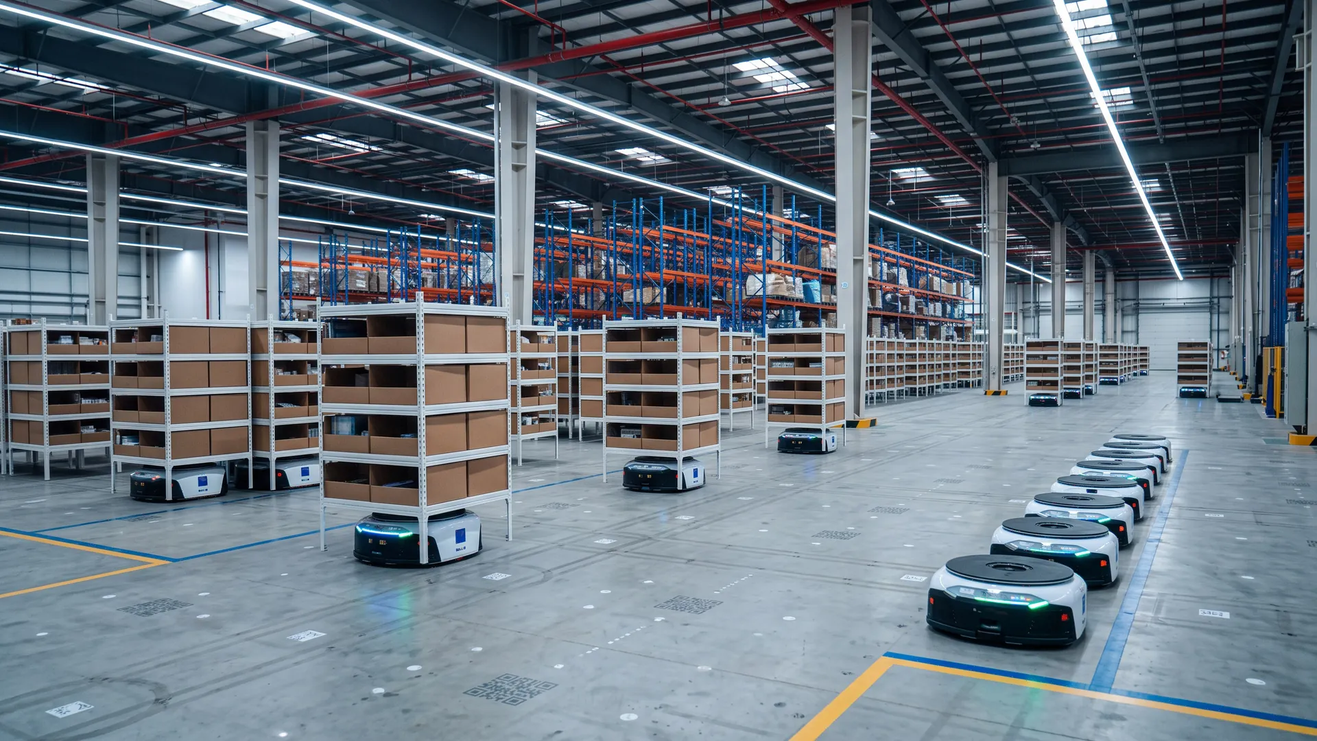 Fleet of shelf-lifting AGVs moving storage racks in a warehouse
