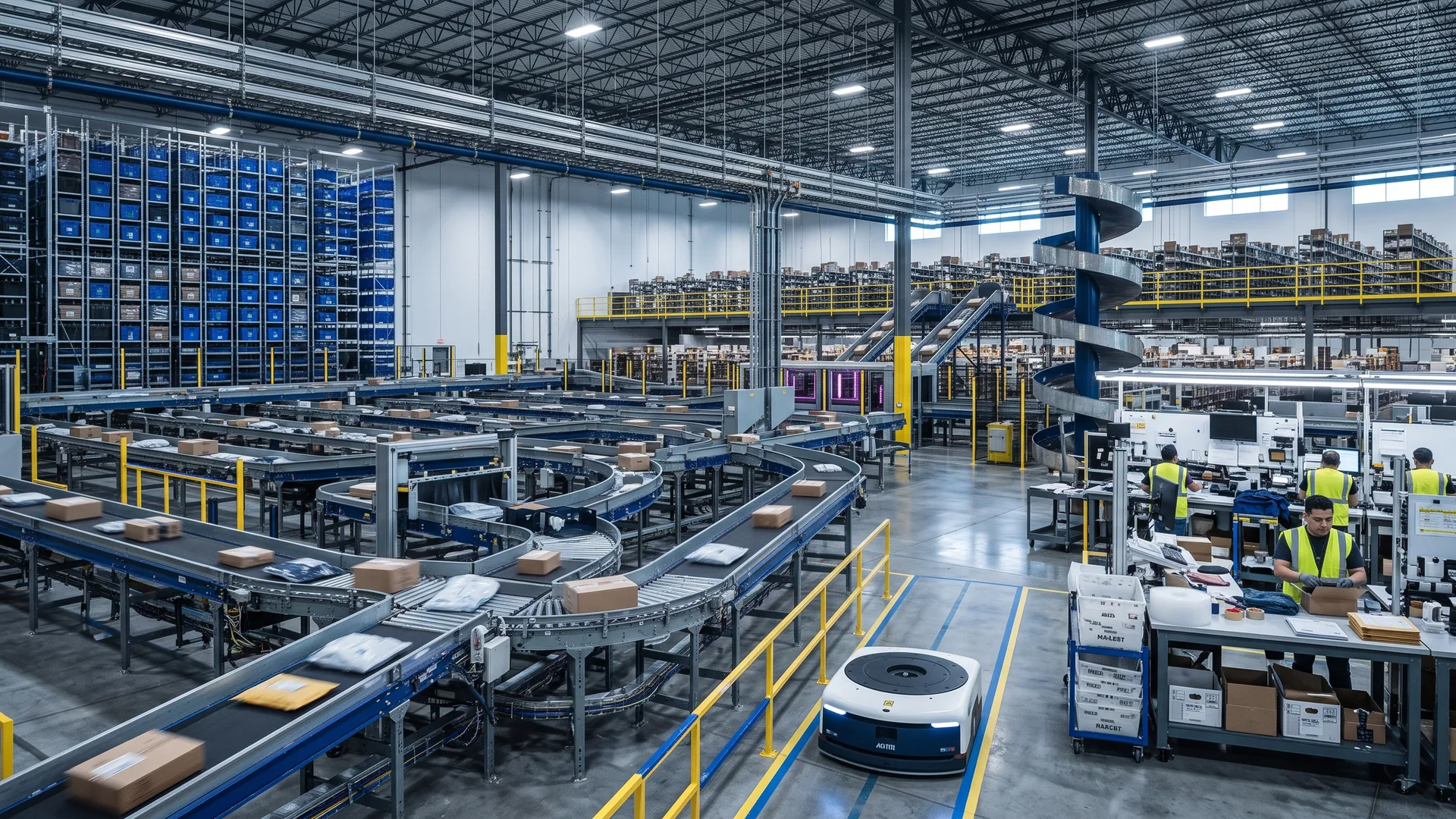 Integrated fulfillment center with conveyors, AGVs and packing stations