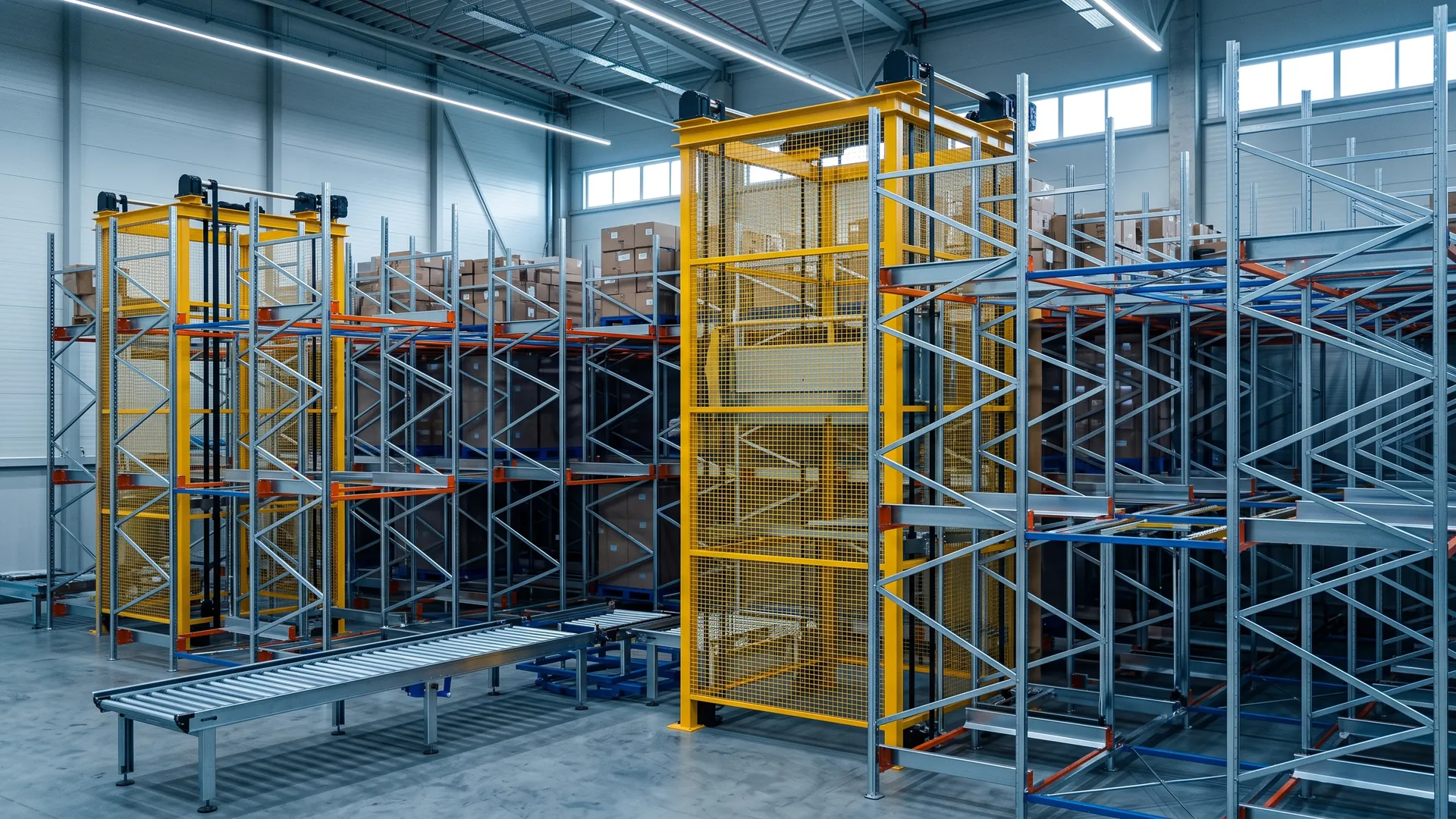 Pallet shuttle racking system with vertical lifts and conveyor infeed