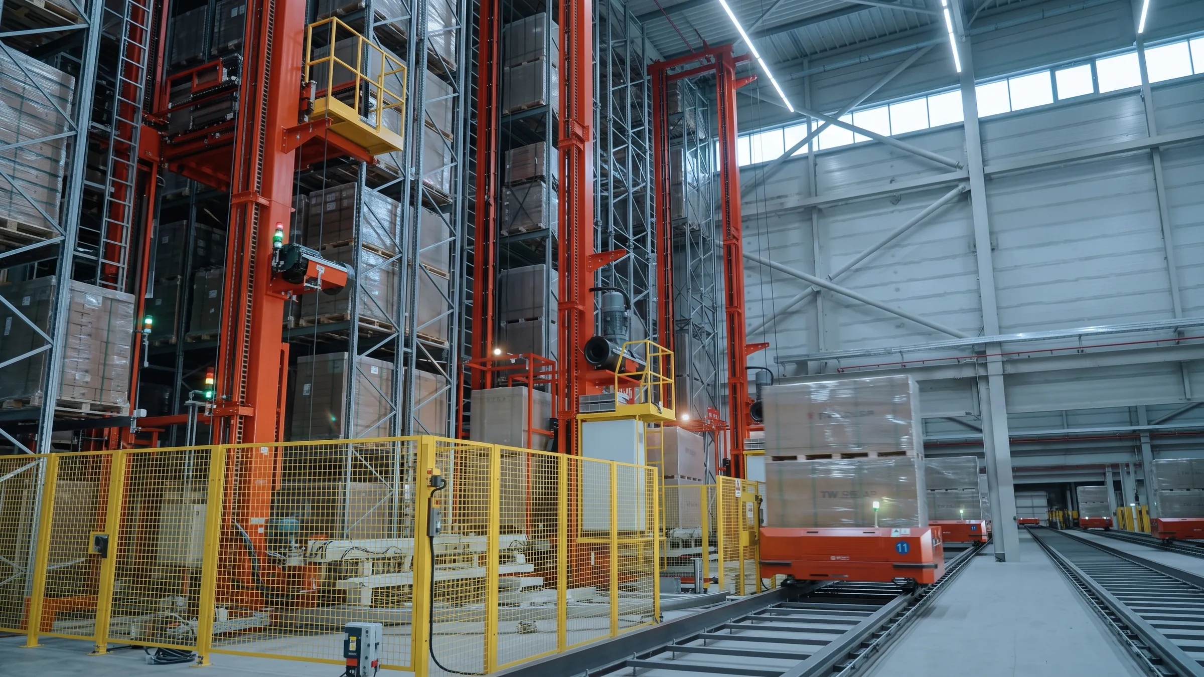 Automated storage and retrieval system with stacker cranes and pallet conveyors