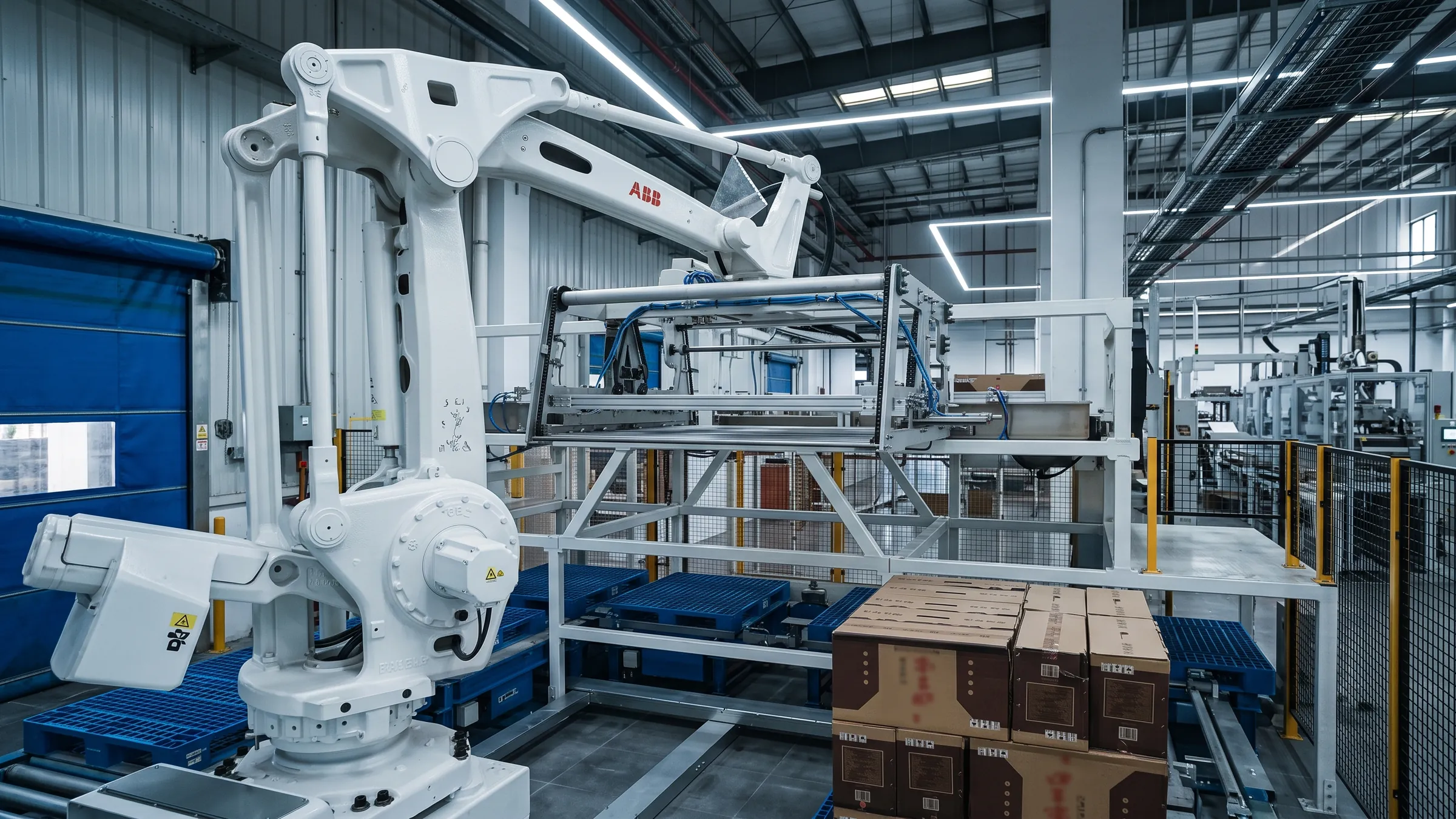Robotic palletizing cell stacking cartons onto pallets